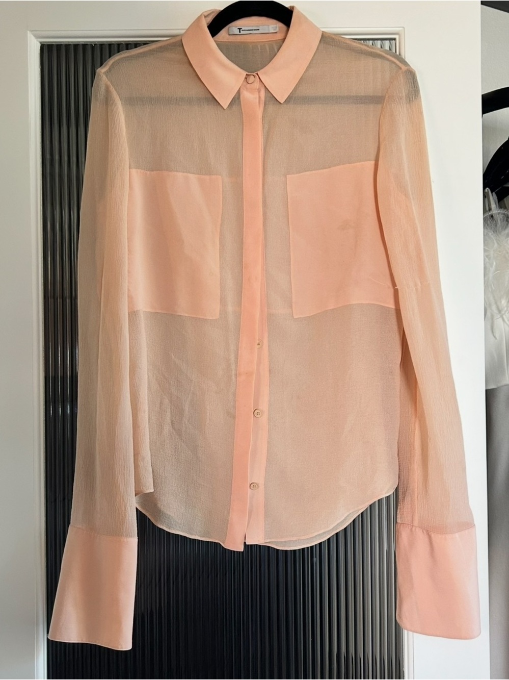 T by Alexander Wang Peach Sheer Button-Down Blouse, Small